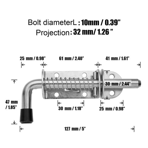 Keyless Spring Latch for Barn and Garage, stainless steel, 127mm, detailed measurements shown.