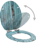 Built Tough Smooth Soft Close Toilet Seat Set Featuring Rustic MDF Wood Finish And Rock Solid Zinc Hinges For Quick No Sweat Bathroom Refresh Upgrade, blue wood design, open view