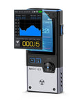 Front view of FNRSI GC-03 handheld Geiger counter with color LCD screen, black and silver body