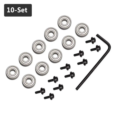 Premium Flush Trim Router Bit Two Piece Set Featuring Quarter Inch Shank And Dual Top And Bottom Ball Bearings Made From Tough Carbide Steel, 10-piece bearing and screw set.