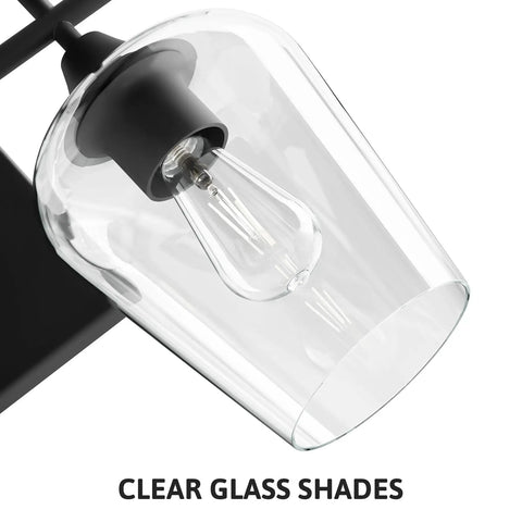 Close-up of 2 Light Vanity Light Fixture with clear glass shade and matte black finish for modern bathrooms, E26 socket visible