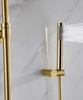Slick Brushed Gold Rainfall Shower Kit With 10 Inch Mass Flow Head And Easy Grip Handheld Sprayer Wall Mounted Bath Ensemble with handheld sprayer.