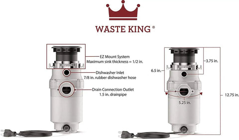 Dimensions of High Speed Garbage Disposal for Kitchen Sink With Power Cord, Compact One Third HP 1900 RPM Waste Disposer
