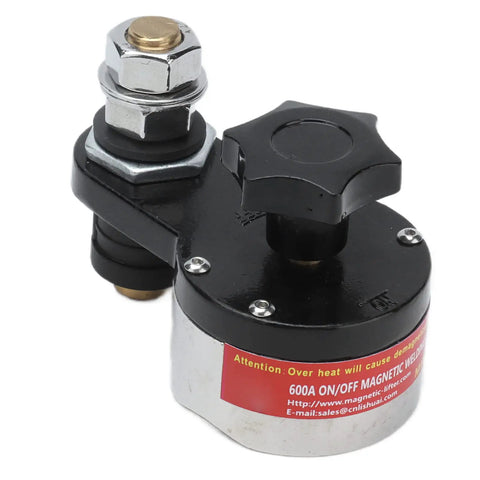 Solid Magnetic Welding Ground Clamp With Swappable On Off Switch Adjustable Holder Plus Silicone Insulation Shield Against Heat close-up view of clamp with control knob.