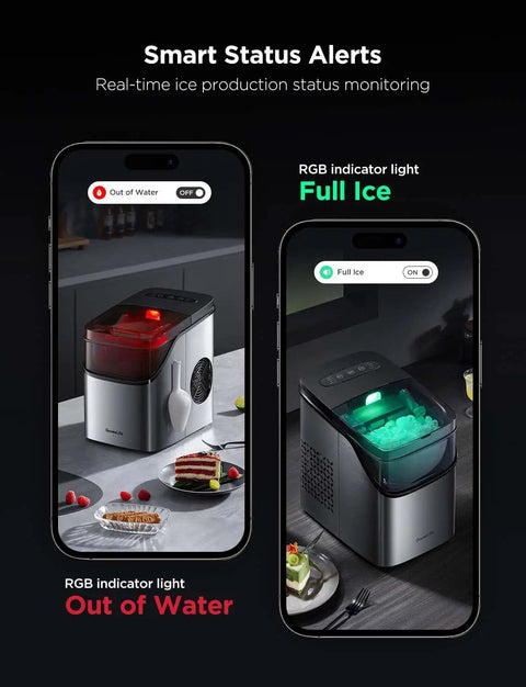 Smart Ice Maker Countertop With Voice Control And WiFi displaying RGB status lights on smartphones for ice production monitoring