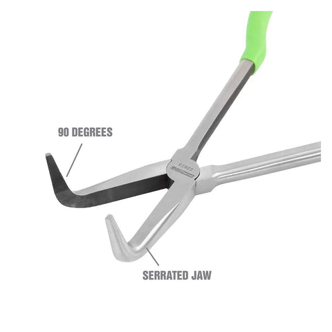 11 Inch 90 Degree Angled Long Nose Pliers With Extended Reach for Automotive Electrical and Jewelry Work, showing serrated jaw and 90-degree angle.