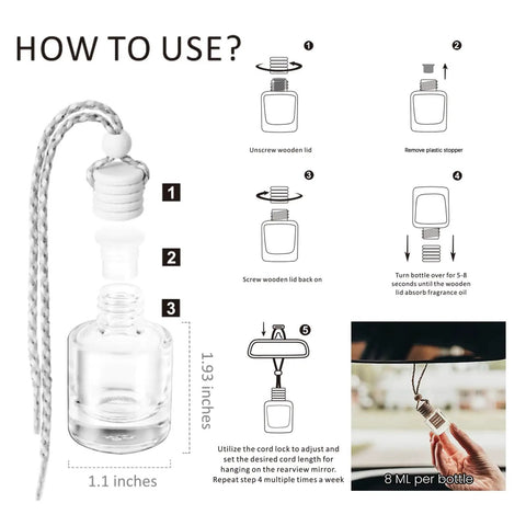 Instructions for Premium Mahogany Teakwood Car Air Freshener 2 Pack With Hanging Essential Oil Diffuser, detailing usage steps.