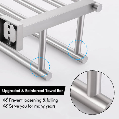 Close-up of upgraded reinforced towel bar of Rustproof Double Towel Rack With 23.3 Inch Wall Mount Shelf In SUS304 Stainless Steel Brushed Finish, Built To Last Bathroom Organizer For Towels And Accessories, Easy To Install, Humidity Resistant, A2112S60-2.