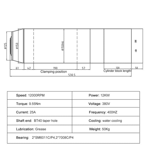 Heavy Hitter 12KW Water Cooled Spindle Motor dimensions with BT40 taper hole for CNC Milling engraving.