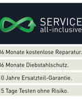 Service all-inclusive graphic with text on warranty and protection: 36 Monate kostenlose Reparatur, Diebstahlschutz, 10 Jahre Garantie.