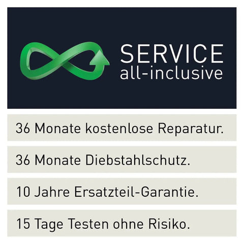 Service all-inclusive graphic with text on warranty and protection: 36 Monate kostenlose Reparatur, Diebstahlschutz, 10 Jahre Garantie.