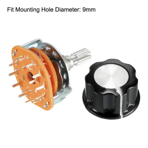 3 Pole 4 Throw Rotary Switch with Band Selector, black plastic knob, 9mm mount hole, 15 pins, nut included, DIY electronics projects
