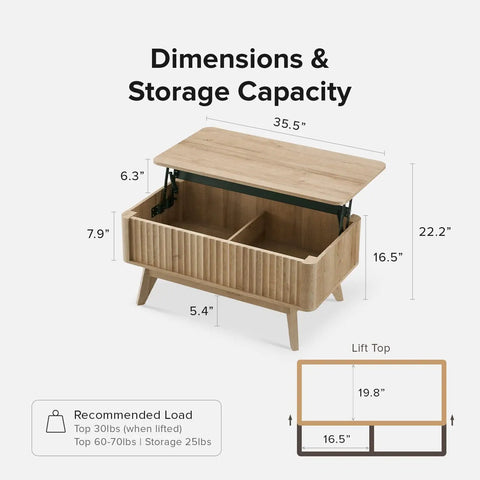 Lift Top Coffee Table With Hidden Storage, Mid Century Modern Farmhouse Design, Fluted Oak Finish Living Room Centerpiece That Hits Different And Keeps Your Layout Totally Clear