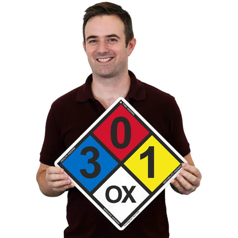 Person holding NFPA Adhesive Label Kit With Placards Digits And Symbols Seventeen Inch Tall Diamond Laminated Vinyl For Field Signs