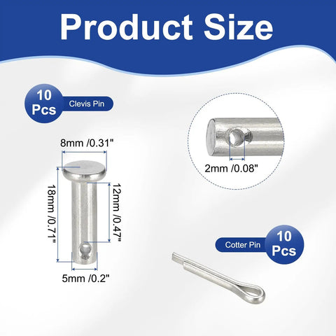 Diagram showing size dimensions of Heavy Duty M5X16mm Clevis Pins in 304 Stainless Steel with Cotter Pins, 10 Pack