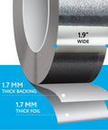 Front view of Impresa aluminum foil duct tape roll, 1.9 in wide, silver foil, HVAC sealing