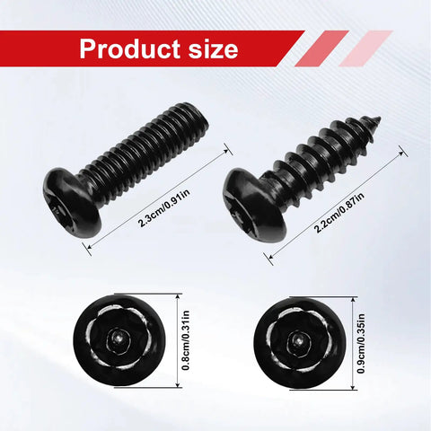 Tough As Nails Rustproof License Plate Screw Kit with anti-theft stainless steel bolts size 2.3cm and 2.2cm for secure car tag mounting.