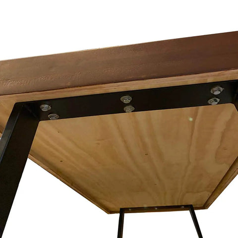 Underside view of Beefy 28 Inch Trapezoid Metal Table Legs 2 Pack Solid Steel DIY Furniture Legs For Dining Tables Coffee Tables Desks Office Setup Built To Last showing attachment to tabletop.
