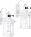 Two Pack Motion Sensor LED Outdoor Wall Lights Dusk To Dawn Exterior Lanterns Matte White Waterproof Front Porch Lights With Seed Glass Anti Rust Wall Lanterns E26 Base Easy Install Night To Day Lighting