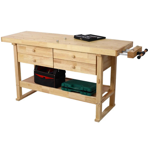 Heavy Duty Sixty Inch Wooden Workbench With Four Deep Storage Drawers And Welding Table Setup Featuring Rock Solid F Bar Clamps