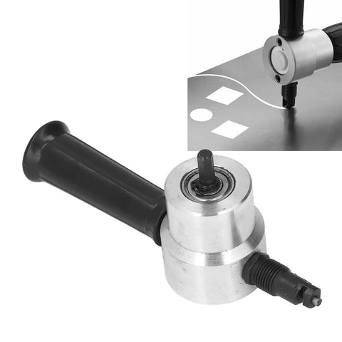 Get The Job Done Fast With This Double Head Metal Sheet Nibbler Cutter. Close-up of adjustable dual heads with black handle.