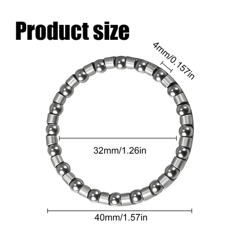 Close-up of 4 Pack Universal Bike Ball Bearings Set For Front Fork And Headset, showing dimensions and steel material.