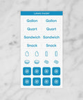 Labels for StoraBag Drawer Food Bags Dispenser For Kitchen Storage 4 Slot Plastic Sandwich Bag Organizer, showing size categories.