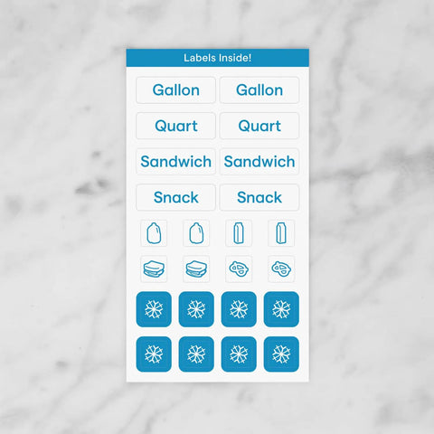 Labels for StoraBag Drawer Food Bags Dispenser For Kitchen Storage 4 Slot Plastic Sandwich Bag Organizer, showing size categories.