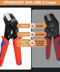Upgraded SNA-68B crimper tool with red handles, visible AWG range and jaw details, suitable for Molex terminals.
