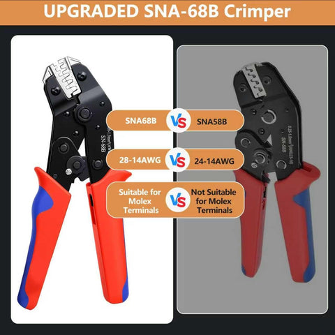 Upgraded SNA-68B crimper tool with red handles, visible AWG range and jaw details, suitable for Molex terminals.