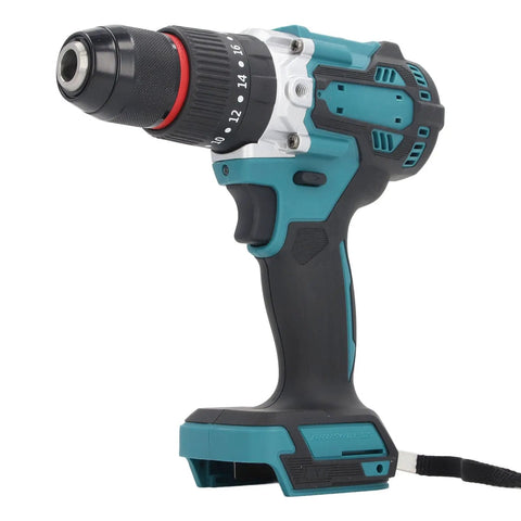 Premium Cordless Drill With Two Variable Speeds And Twenty Three Torque Clutch Modes Featuring A Half Inch Keyless Chuck, side view for ergonomic grip.