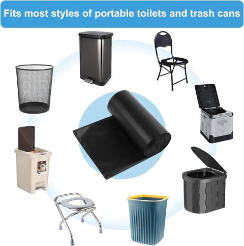 25 Pack Camping Toilet Bags Made Biodegradable Thickened Waste Bags For Portable Toilets shown with compatible containers.
