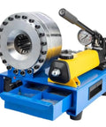 Manual Hydraulic Hose Crimping Machine With Eight Precision Dies Heavy Duty Powerhouse For Crushing R1 R2 Hose Fittings with a digital gauge.