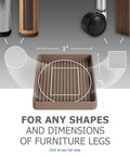 Diagram showing Eight Piece Brown Two Inch Square Caster Cups dimensions with furniture leg compatibility and use for stability.