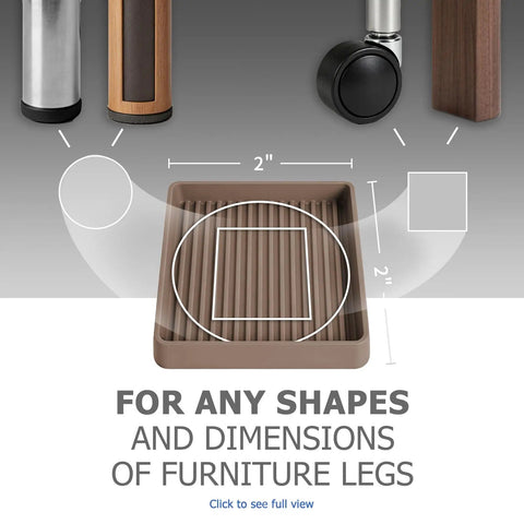 Diagram showing Eight Piece Brown Two Inch Square Caster Cups dimensions with furniture leg compatibility and use for stability.