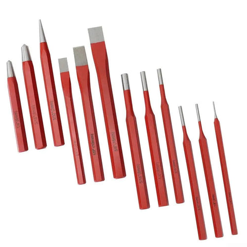 Kick Your DIY Game Up A Notch With This Badass 12 Piece Punch And Chisel Set Perfect For Metal Wood Stone And Brick Shaping Works In Any Garage Shop Or Home Workshop For Serious Mechanics And Crafters. 12-piece red steel punch and chisel set with assorted tips
