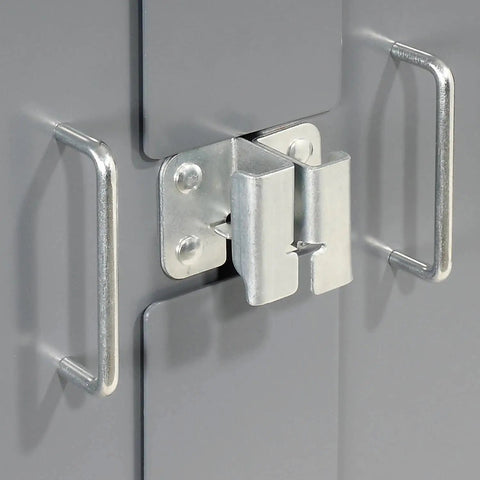 Close-up of the locking mechanism on the Straight Up Heavy Duty Storage Bin Cabinet with slick louvered doors.