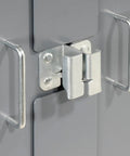 Close-up of the metal latch on Heavy Duty Deep Door Bin Cabinet Organizer Built Solid To Level Up Your Garage Setup.