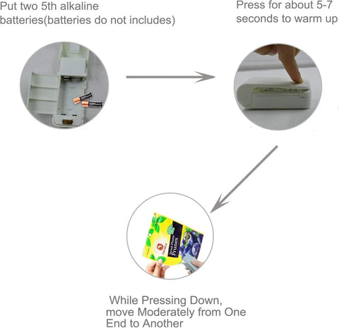 2 Pack Mini Portable Handheld Heat Vacuum Sealer setup with battery insertion and sealing demonstration