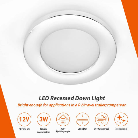 Lit 12V RV LED Puck Lights Recessed Ceiling and Cabinet Lighting 2.8 Inch Chrome Shell Cool White Dimmable Interior Lights