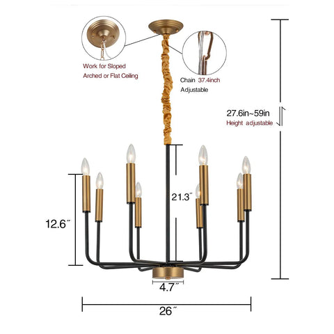 Industrial Eight Light Farmhouse Chandelier With Rustic Iron Candle Pendants, height adjustable dimensions diagram