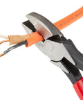 7-Piece Pliers Set with 6-in Bent Long Nose, 7-in and 8-in Long Nose, 7-in Diagonal Cut, 8-in End Cut, 8-in Cable Cutting, and 9-1/2-in Lineman's Pliers - cutting wire close-up