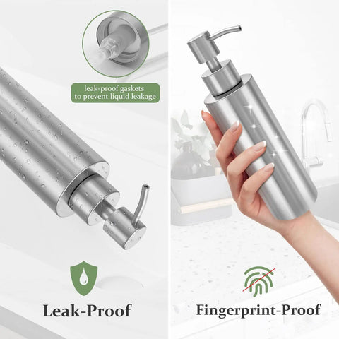 Sleek Stainless Steel Countertop Soap Dispenser for Kitchen and Bath, shown with rust-proof pump, leak-proof and fingerprint-proof design.