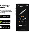 Cordless Rotary Tool Kit With 36 Bits and Aluminum Case, Bluetooth app interface on smartphone screen for tool control.