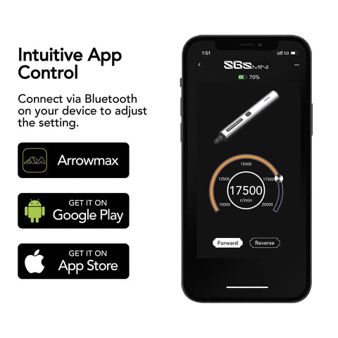 Cordless Rotary Tool Kit With 36 Bits and Aluminum Case, Bluetooth app interface on smartphone screen for tool control.