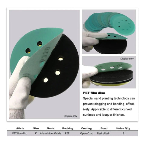 Get Fresh 40 Pc Green Hook And Loop Sanding Discs For Power Tools 5 Inch 125mm showing different grits and 8 vent holes.