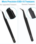 Comparison of two ESD-15 tweezers from the Three Piece Precision Tweezers Set For Crafting Electronics Jewelry Making And DIY Projects Anti Static Stainless Steel ESD Tweezers With Fine Point Flat Round Tip And Curved Point