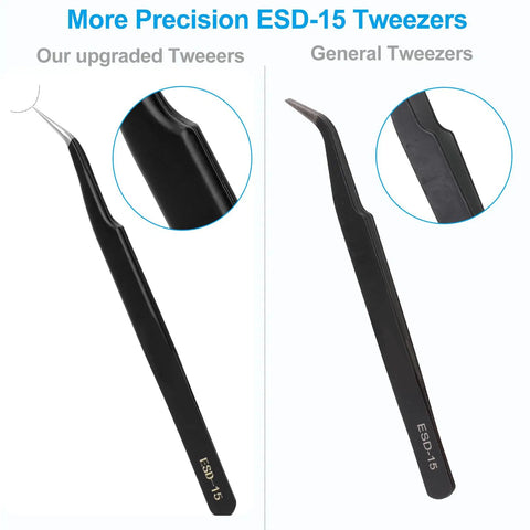 Comparison of two ESD-15 tweezers from the Three Piece Precision Tweezers Set For Crafting Electronics Jewelry Making And DIY Projects Anti Static Stainless Steel ESD Tweezers With Fine Point Flat Round Tip And Curved Point
