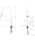Technical drawing of Oil Rubbed Bronze Pull Down Kitchen Faucet With Sprayer And Aquablade Sweep, High Arc Design.