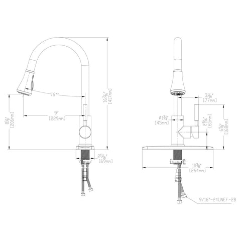 Technical drawing of Oil Rubbed Bronze Pull Down Kitchen Faucet With Sprayer And Aquablade Sweep, High Arc Design.
